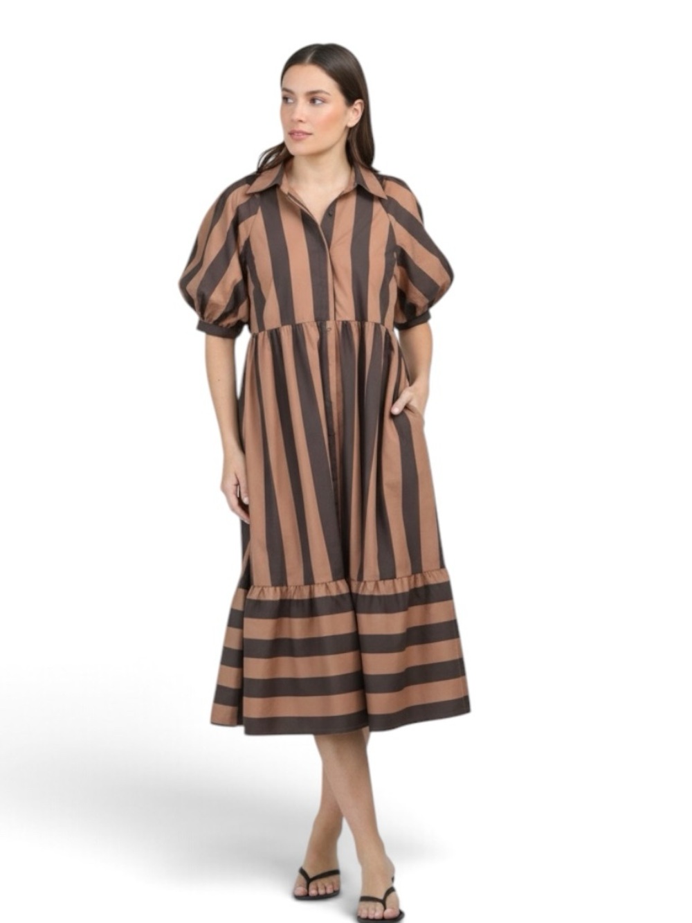 ENGLISH FACTORY Camel and Black Striped Dress